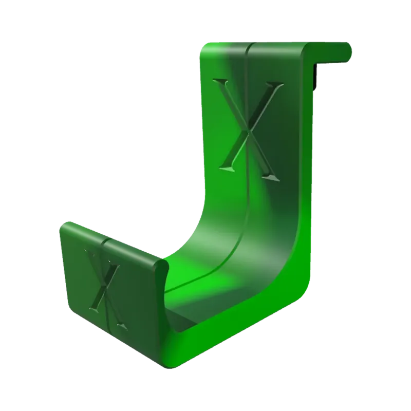 Detailansicht der anyprint3d RePlay Stand Controller-Halterung in der Sonderedition Space Green. Ein glänzend grüner, 3D-gedruckter Halter mit markantem, eingeprägtem X-Logo und ergonomischer Form für Gaming-Controller.